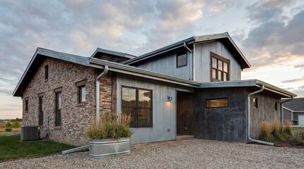 Obraz premium Modern hybrid architectural design featuring brick and wooden cladding with expansive windows and landscaped surroundings
