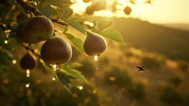 4K ultra close-up video, ripe figs fig tree branches glowing warm Mediterranean sunlight, soft wind moving leaves dewdrops sparkling figs, tiny butterflies insects moving, shallow cinematic bokeh