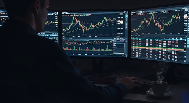 Trader Working Late Analyzing Stock Market and Crypto Charts on Multi-Screen Setup. Data visualization and dark, intense finance setting.