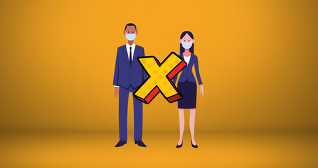 Image of businessman and businesswoman wearing face masks maintaining social distancing