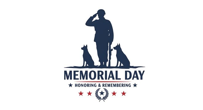 Memorial Day graphic with soldier and dogs saluting  honoring and remembering