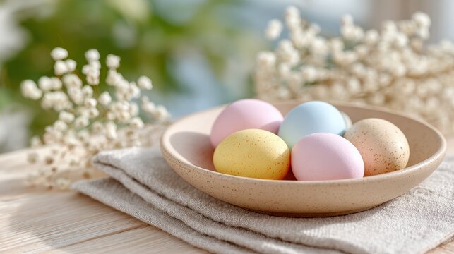 Colorful easter eggs in ceramic bowl on wooden table for spring celebration