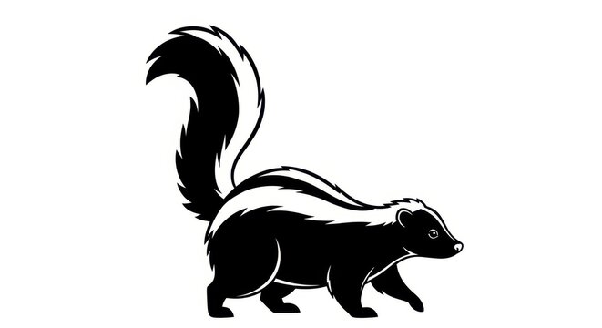 Black and White Skunk Walking with Bushy Tail Raised