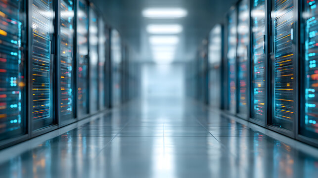 Server rack aisle data center corridor with glowing equipment and cool lighting conveying high power demand and modern infrastructure