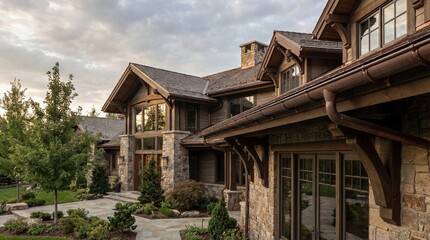 Luxury modern home with stone facade and expansive windows in a lush residential neighborhood