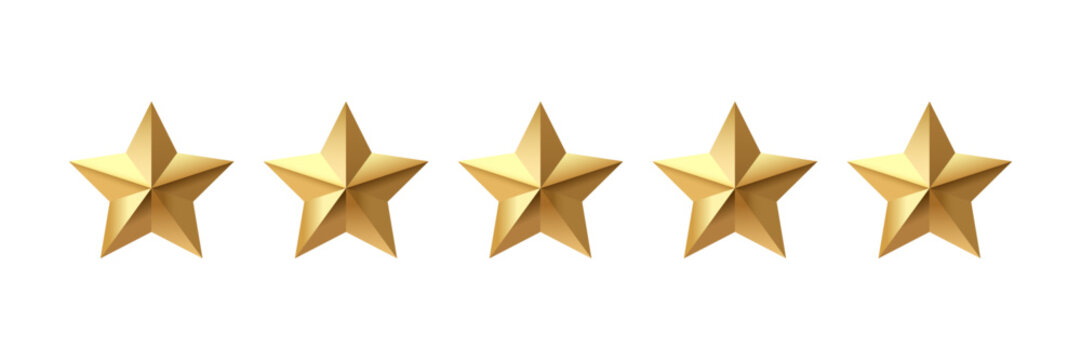 Five Gold Stars Rating Icon Set &ndash; 5 Star Review, Quality Evaluation, Customer Feedback and Satisfaction Vector Illustration
