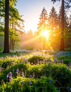 A sunlit forest glade is ablaze with the morning sun, casting golden rays through trees, illuminating a field of blue flowers