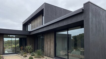 Fototapeta premium Modern minimalist black house with large glass windows and wooden accents blending with natural surroundings