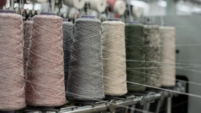 Medium view of heather yarn cones arranged neatly on a creel supplying multiple knitting heads with blended fiber tones creating soft muted textile effects.