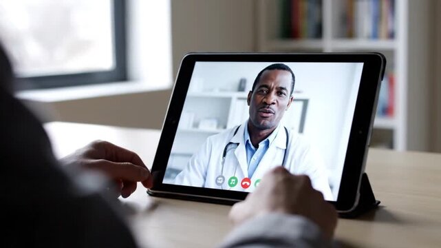 A doctor consults with a patient remotely via a video call on a tablet device, showcasing modern telemedicine practices.