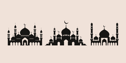 Detailed black mosque silhouettes for Ramadan Kareem. Features grand masjid architecture with tall minarets and elegant domes. Professional flat icons for Islamic holiday banners and social media