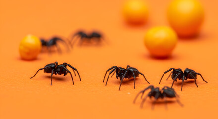 Fototapeta premium Baby spiders and eggs on orange background