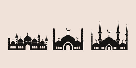 Set of detailed black mosque silhouettes for Ramadan Kareem designs. Versatile masjid icons with domes and minarets in flat style. Perfect for creating custom Islamic patterns, logos, and banner