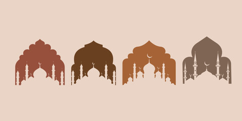 Boho Ramadan mosque silhouette set in earthy terracotta tones. Elegant Islamic arch frames with minimalist masjid illustrations. Versatile elements for modern Eid greetings and home decor branding