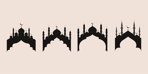 Set of black mosque silhouettes in ornate Islamic arch frames. Minimalist masjid icons for Ramadan Kareem and Eid Mubarak. Versatile black and white elements for invitations, logos, and web design