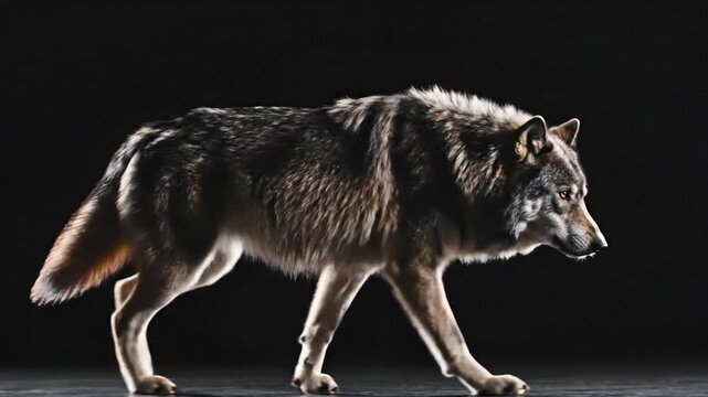 Gray wolf walking in studio with black background