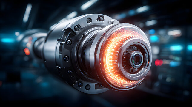 Glowing industrial rotor assembly with predictive maintenance sensor and heat ring, futuristic metallic cylindrical bearing in workshop