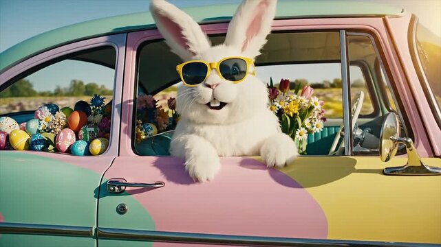 Playful Easter video footage of a cute bunny wearing sunglasses in a colorful car filled with decorated eggs and spring flowers, creating a fun holiday travel concept.
