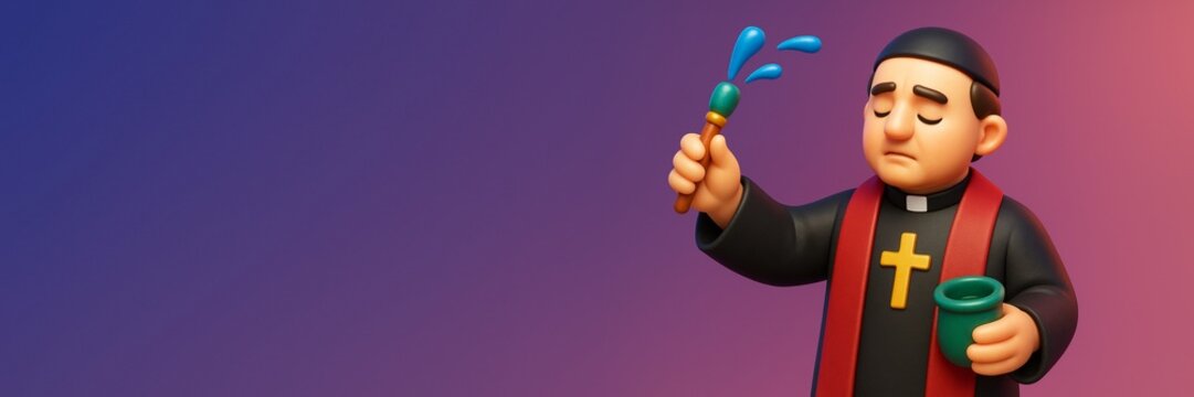 Cartoon priest character performing blessing with holy water on colorful gradient background with empty copyspace for mockup or banner design. Ai generative