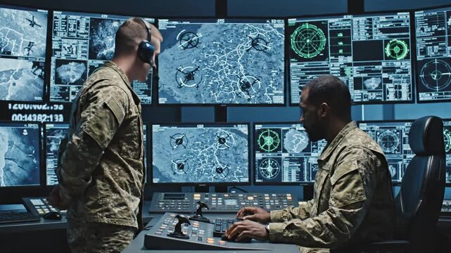 Military personnel in control room monitoring multiple data screens