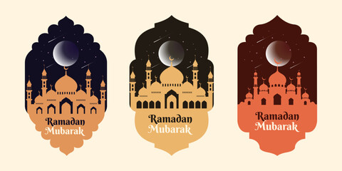 Elegant Ramadan Mubarak greeting labels with mosque silhouettes under a starry night sky. Featuring crescent moon and shooting stars in a modern boho aesthetic. Perfect for labels and social media.