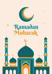 Vertical Ramadan Mubarak greeting with a grand mosque illustration. Modern flat design featuring a large crescent moon and stars in teal and mustard gold. Perfect for mobile stories and posters