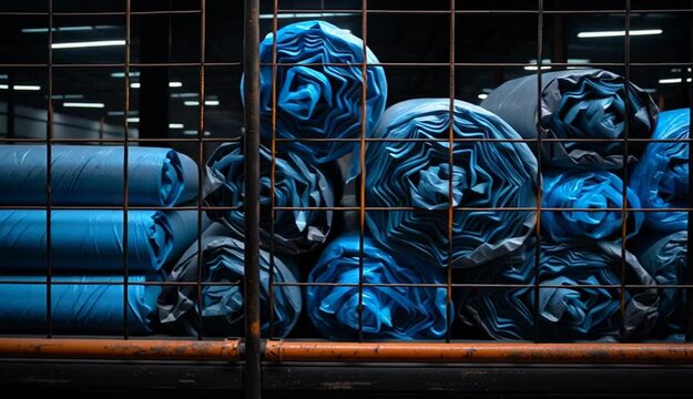 Left camera slider movement gliding over a stack of tent fabric rolls wrapped in protective blue plastic, stored behind steel bars under intense warehouse lighting in Sialkot