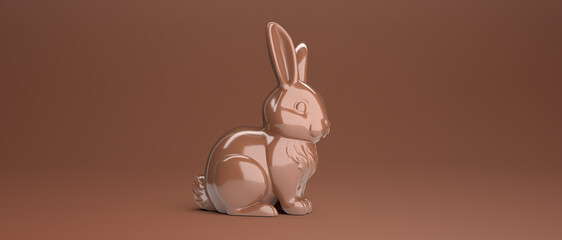 Chocolate Easter bunny on brown background with copy space for text. Profile view 3D rendering.