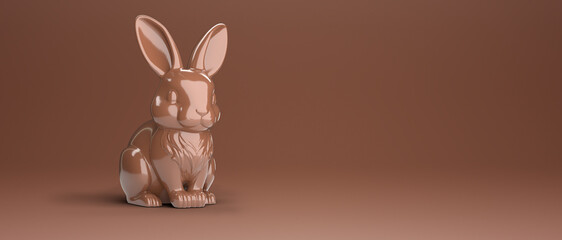 Chocolate Easter bunny on brown background with copy space for text. 3/4 view 3D rendering.