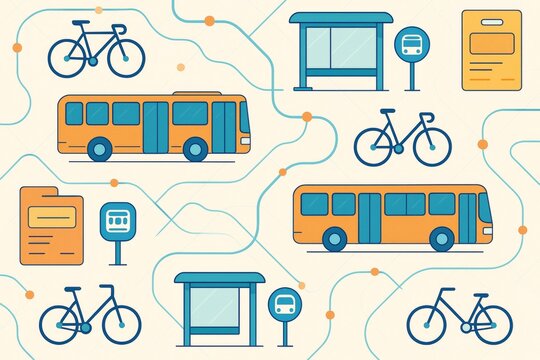 Public transportation network concept with buses, bicycles, bus stops, and tickets on light background in modern flat line art style. Ai generative