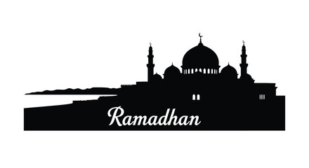 Ramadan mosque silhouette with domes and minarets on a white background © RokeyaStock