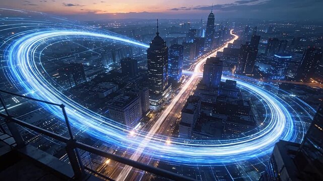 Futuristic cityscape at dusk with data streams and mountain backdrop