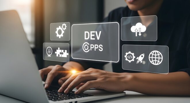 A developer working on a laptop with DevOps illustrations in a modern office environment