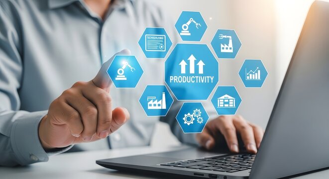 A businessperson working on laptop with icons representing improved productivity and efficiency