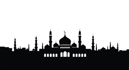 Mosque Silhouette with Domes and Minarets against White Background © RokeyaStock
