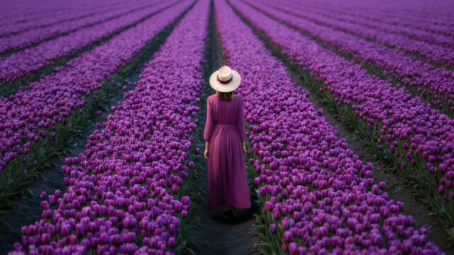 Woman walks through a field of purple tulips wearing a hat during daylight in spring season