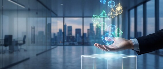 Hand holding digital icons representing business growth in a modern office with cityscape view