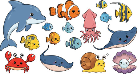 Sea creature cartoon illustration set, dolphin clownfish squid angelfish stingray crab snail clam pearl colorful vector artwork, playful marine life theme, isolated background ©  BAKKOR