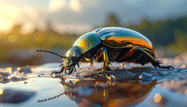 A beetle stands on a wet natural surface, showing its highly detailed exoskeleton.