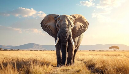 Fototapeta premium Majestic elephant walks calmly in open natural landscape with detailed skin texture