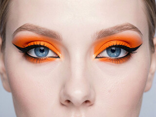 Striking Close-Up of Woman's Eyes with Bold Orange Eyeshadow and Dramatic Black Cat-Eye Makeup