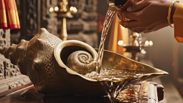 Traditional Indian Ceremony Water Pouring Into Large Conch Shell Ornate Brass Offering Bowl With Intricate Swirl Design In Dim Temple Lighting With Ornate Fabric Drapes In Background