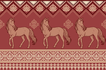Classic damask pattern featuring elegant horses with ornamental borders in warm red and beige tones. Vintage inspired design suitable for luxury fabric, wallpaper, upholstery, and traditional interior