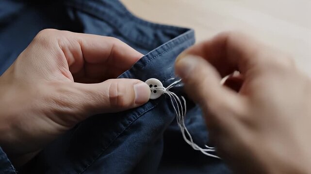 Video sequence of sewing a button on denim shirt.
