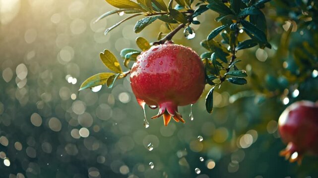 Macro slow-motion ripe pomegranate trees being shaken, seeds falling morning dew-covered leaves, water droplets sparkling diamonds sunlight, cinematic lens, bokeh ethereal natural vibrant colors, 4K