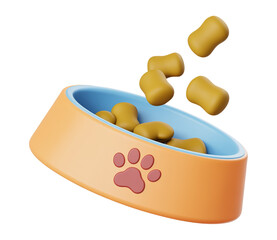 3D Dog Bowl with Floating Pet Food Kibbles and Paw Print Design © BiswajeetM.