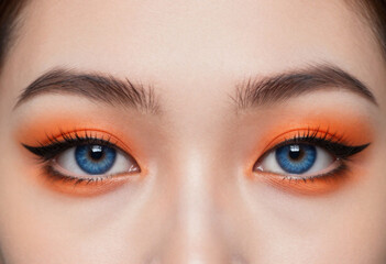 Gros plan captivant sur les yeux d'une femme avec fard &agrave; paupi&egrave;res orange vif et eye-liner noir dramatique