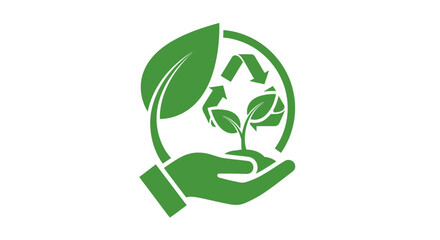 Green logo of a hand holding a recycling symbol with leaves on a white background with eco-friendly theme.