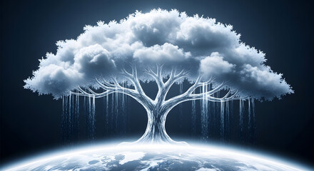 tree silhouette formed entirely from flowing water and clouds, floating above the Earth, blue-white monochrome, surreal environmental symbolism