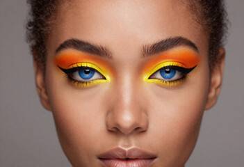 Gros plan captivant sur les yeux d'une femme avec fard &agrave; paupi&egrave;res orange vif et eye-liner noir dramatique